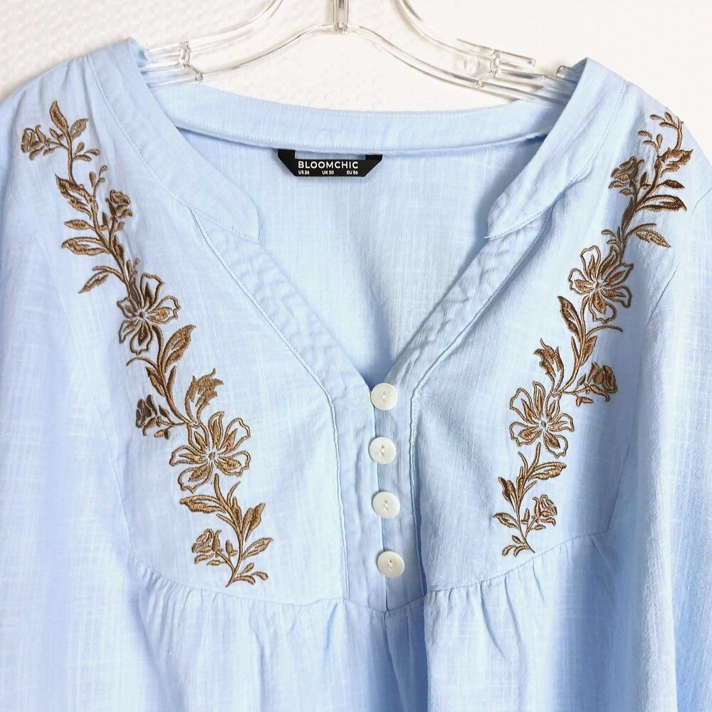 Bloomchic Cotton Boho Blouse Blue w Brown Embroidery Size 26/4X - Picture 2 of 10